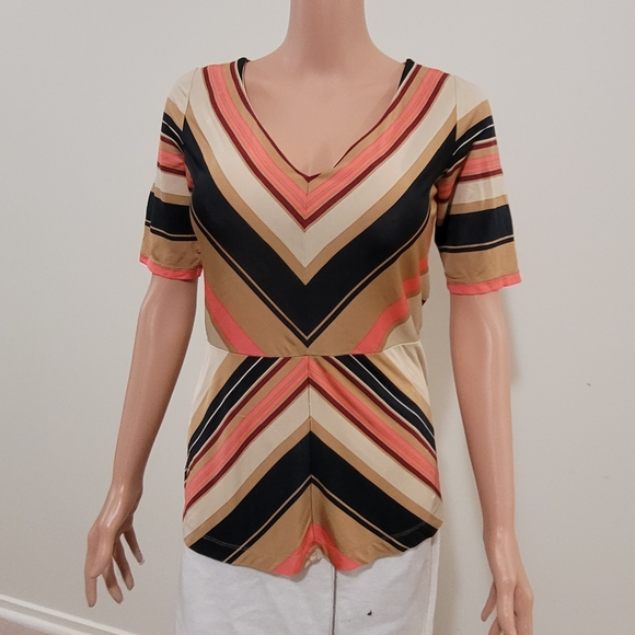 Veronica Maine Womens Top Size M Striped Orange Brown V neck Stretchy Flattering - Picture 2 of 9